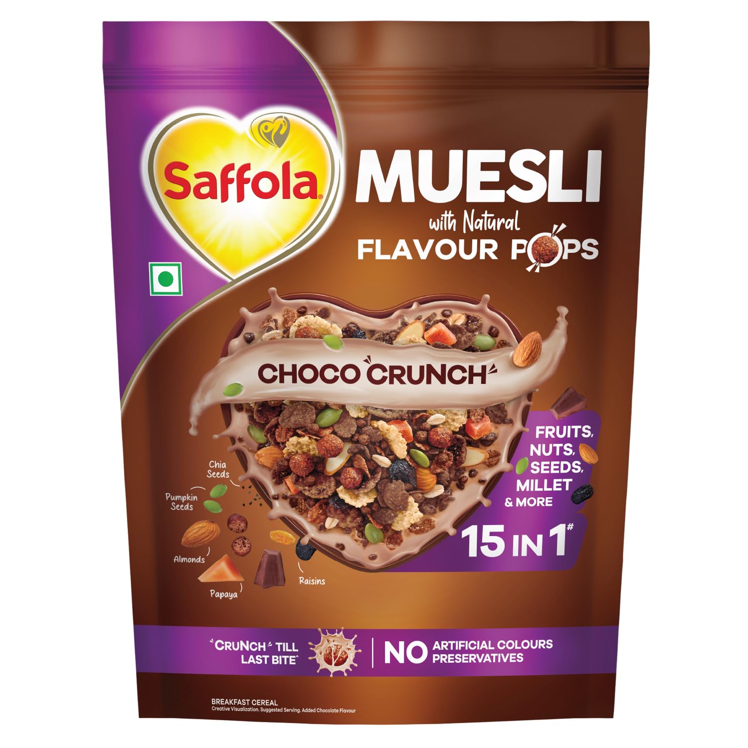 Saffola Muesli Choco Crunch with Flavour Pops, 400 gm/450 gm | 15 in 1 Fruit and Nuts, Seeds, Millet & more | Cereals for breakfast with wholegrain, protein, fibre