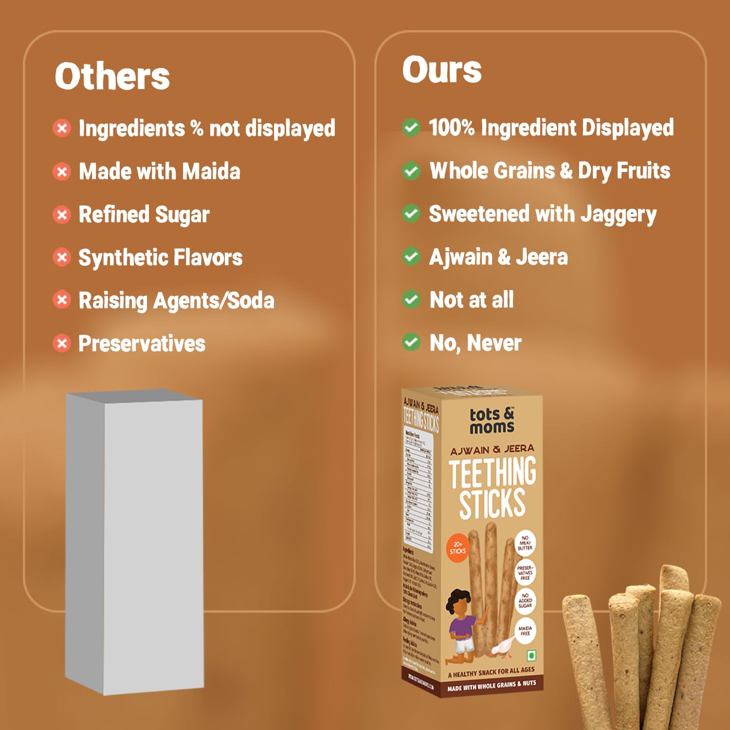 Tots and Moms Teething Sticks - Ajwain & Jeera with Dry Fruits, Nuts & Seeds for Soothing Gums, 150g | No Maida, No Sugar| Kid-Friendly Finger Food Lunch Box Snack - Image 3