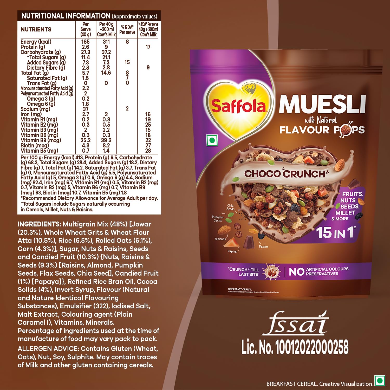 Saffola Muesli Choco Crunch with Flavour Pops, 400 gm/450 gm | 15 in 1 Fruit and Nuts, Seeds, Millet & more | Cereals for breakfast with wholegrain, protein, fibre - Image 2