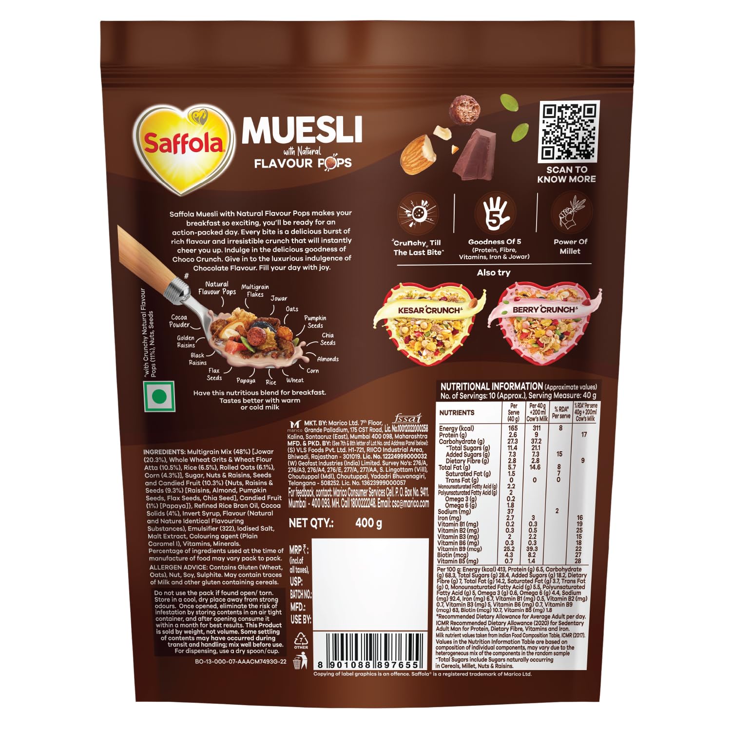 Saffola Muesli Choco Crunch with Flavour Pops, 400 gm/450 gm | 15 in 1 Fruit and Nuts, Seeds, Millet & more | Cereals for breakfast with wholegrain, protein, fibre - Image 3